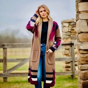 Shyanne XXL Long Aztec Cardigan Brown Plum Southwest Knit Duster Boho Western